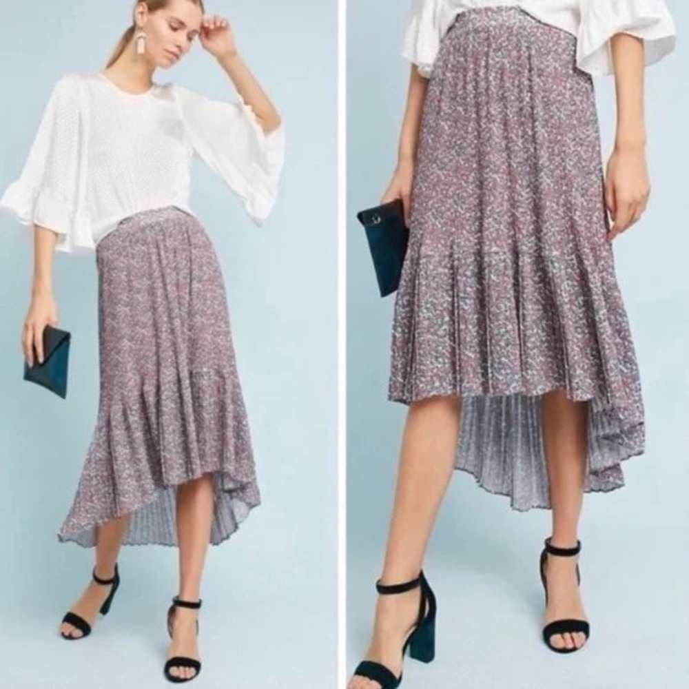 Anthropologie Womens Skirt  Floral Pleated High Low‎ satin feminine A17SK137
